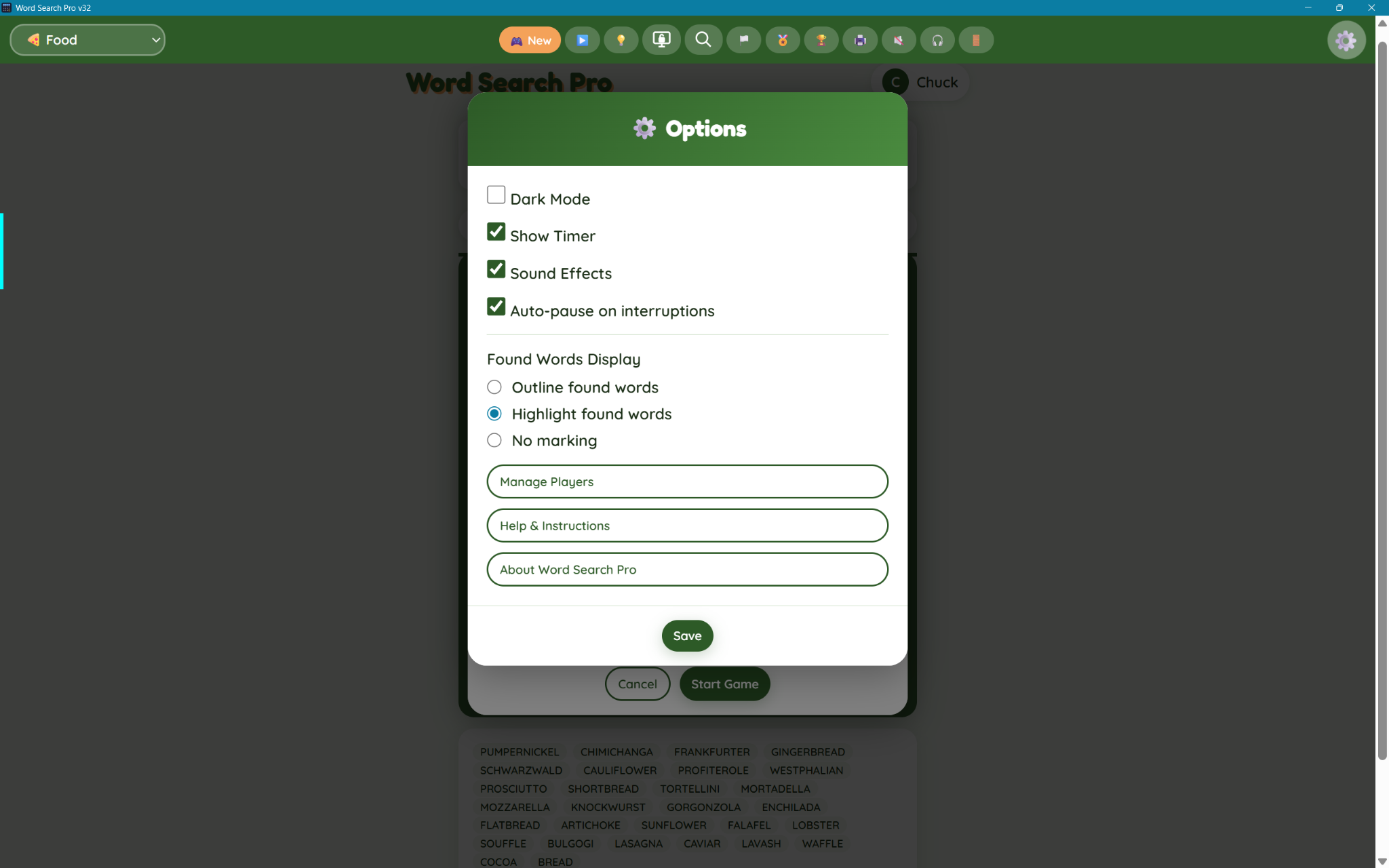 Options panel